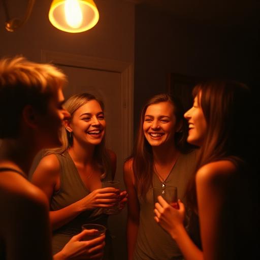Friends laughing at a warm-lit house party